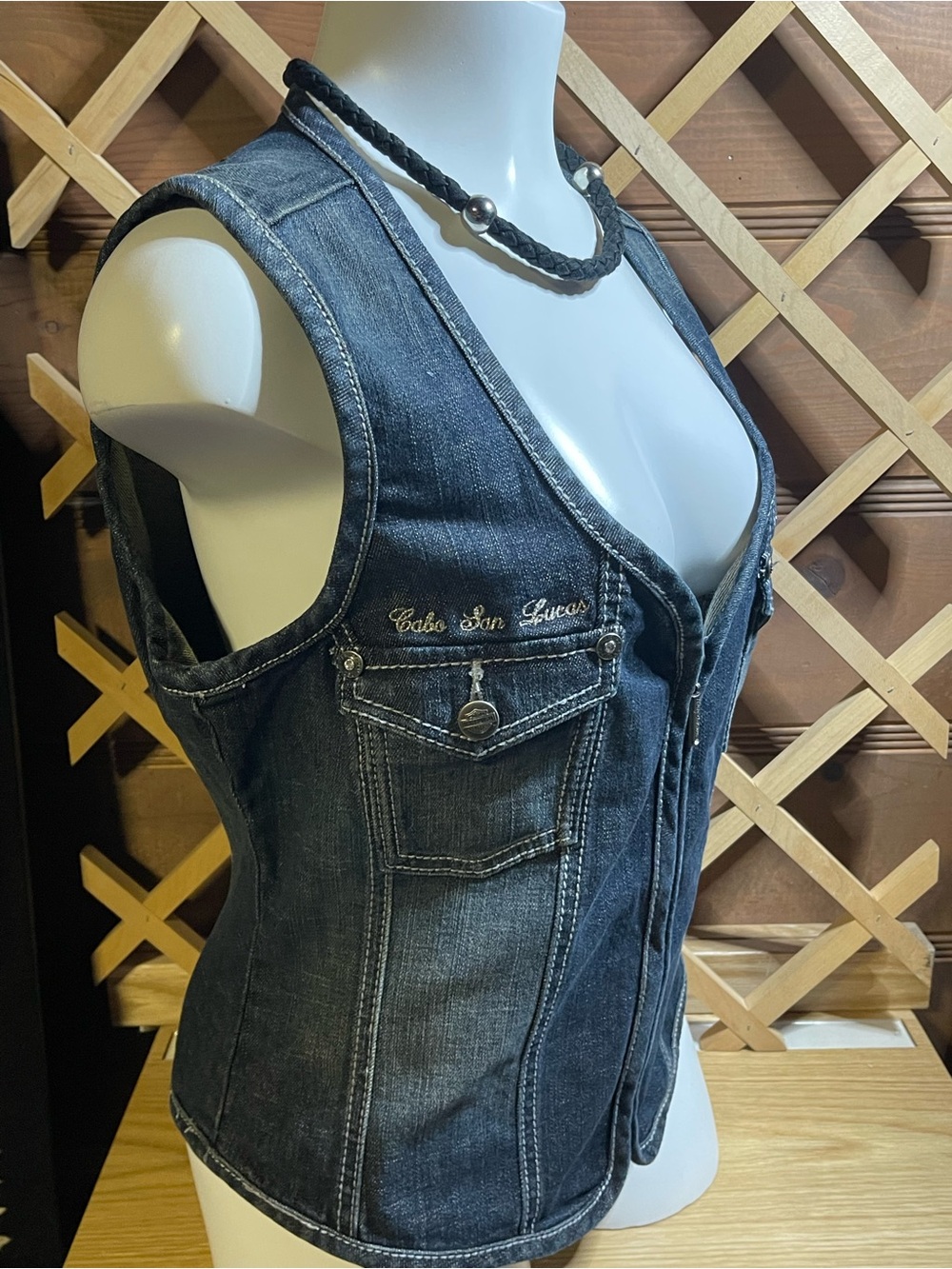 Genuine Harley Davidson Denim Biker Vest Dealer Customized  “Cabo San Lucas”Sz L